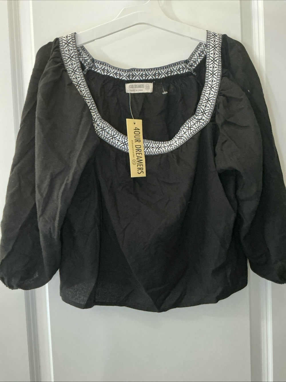 NWT-4 Our Dreamers Black Peasant Top with White Geometric Trim